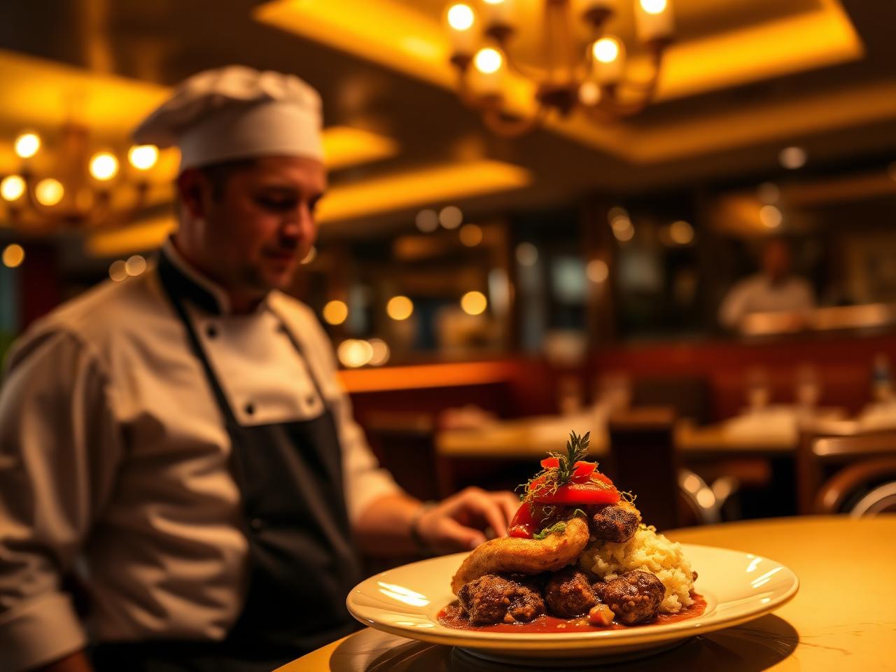 Chef finalizando um prato em um restaurante aconchegante